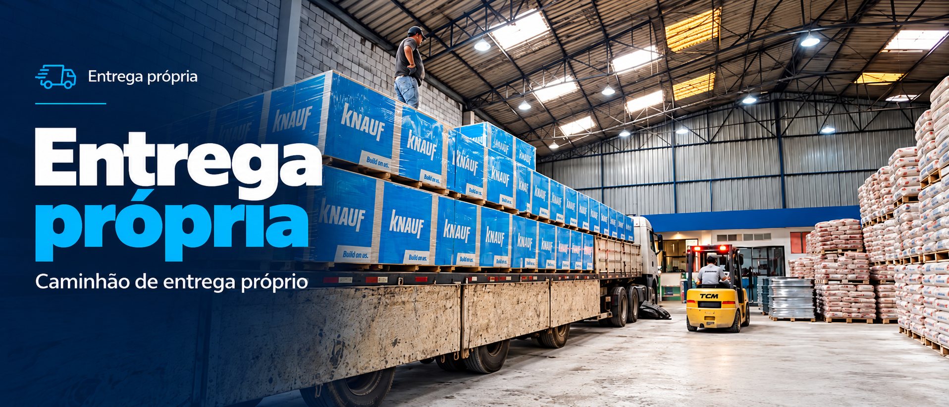 Entrega própria: caminhão de entrega próprio da Evolução Gesso carregado com placas de drywall.