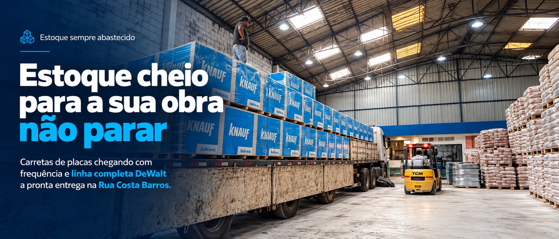 Carreta de placas Knauf no galpão da Evolução Gesso. Estoque cheio para a sua obra não parar, na Rua Costa Barros.